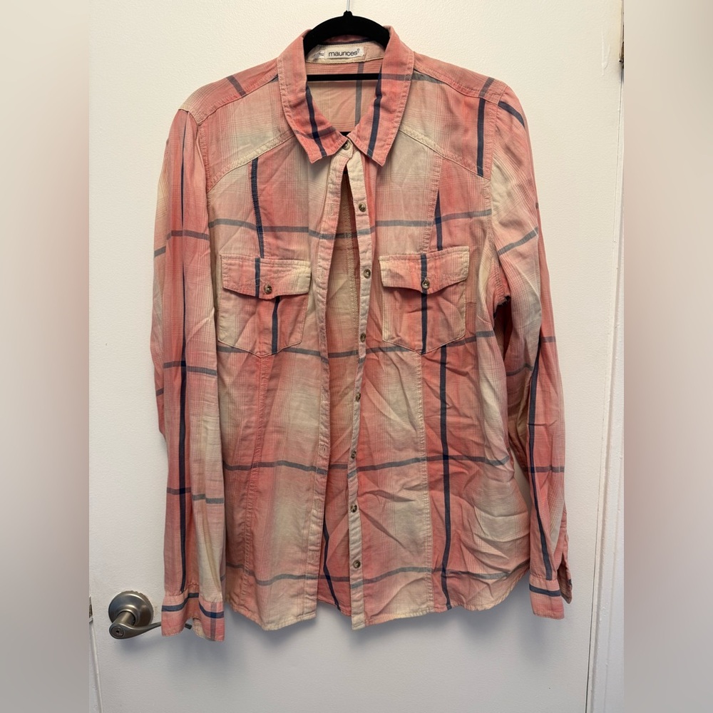 Maurices Coral and Navy Plaid Button Down Shirt